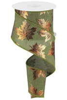 2.5" Foil Maple Leaf Royal Ribbon: Moss Green (10 Yards) - Michelle's aDOORable Creations - Wired Edge Ribbon
