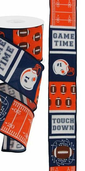 2.5" Football Block Pattern Ribbon: Navy/Orange (10 Yards) - Michelle's aDOORable Creations - Wired Edge Ribbon