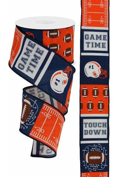 2.5" Football Block Pattern Ribbon: Navy/Orange (10 Yards) - Michelle's aDOORable Creations - Wired Edge Ribbon