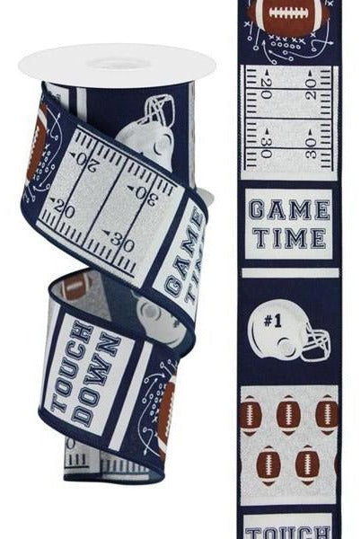 2.5" Football Block Pattern Ribbon: Navy/Silver (10 Yards) - Michelle's aDOORable Creations - Wired Edge Ribbon