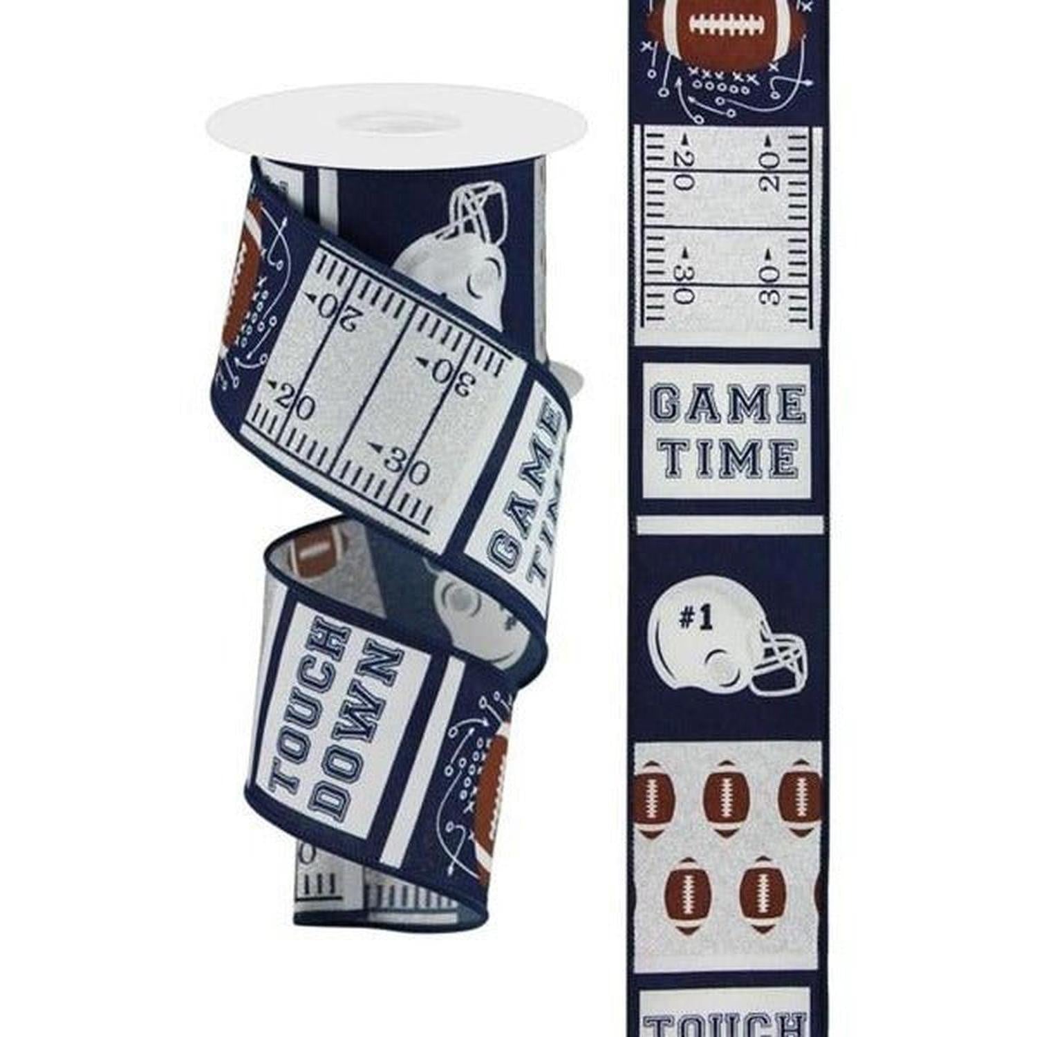 2.5" Football Block Pattern Ribbon: Navy/Silver (10 Yards)