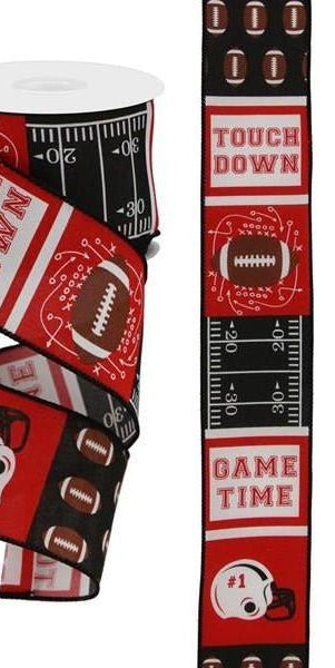 2.5" Football Block Pattern Ribbon: Red/Black (10 Yards) - Michelle's aDOORable Creations - Wired Edge Ribbon