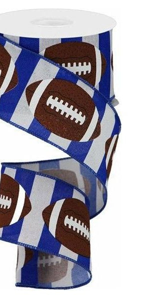 2.5" Footballs on Royal Ribbon: Blue/White (10 Yards) - Michelle's aDOORable Creations - Wired Edge Ribbon