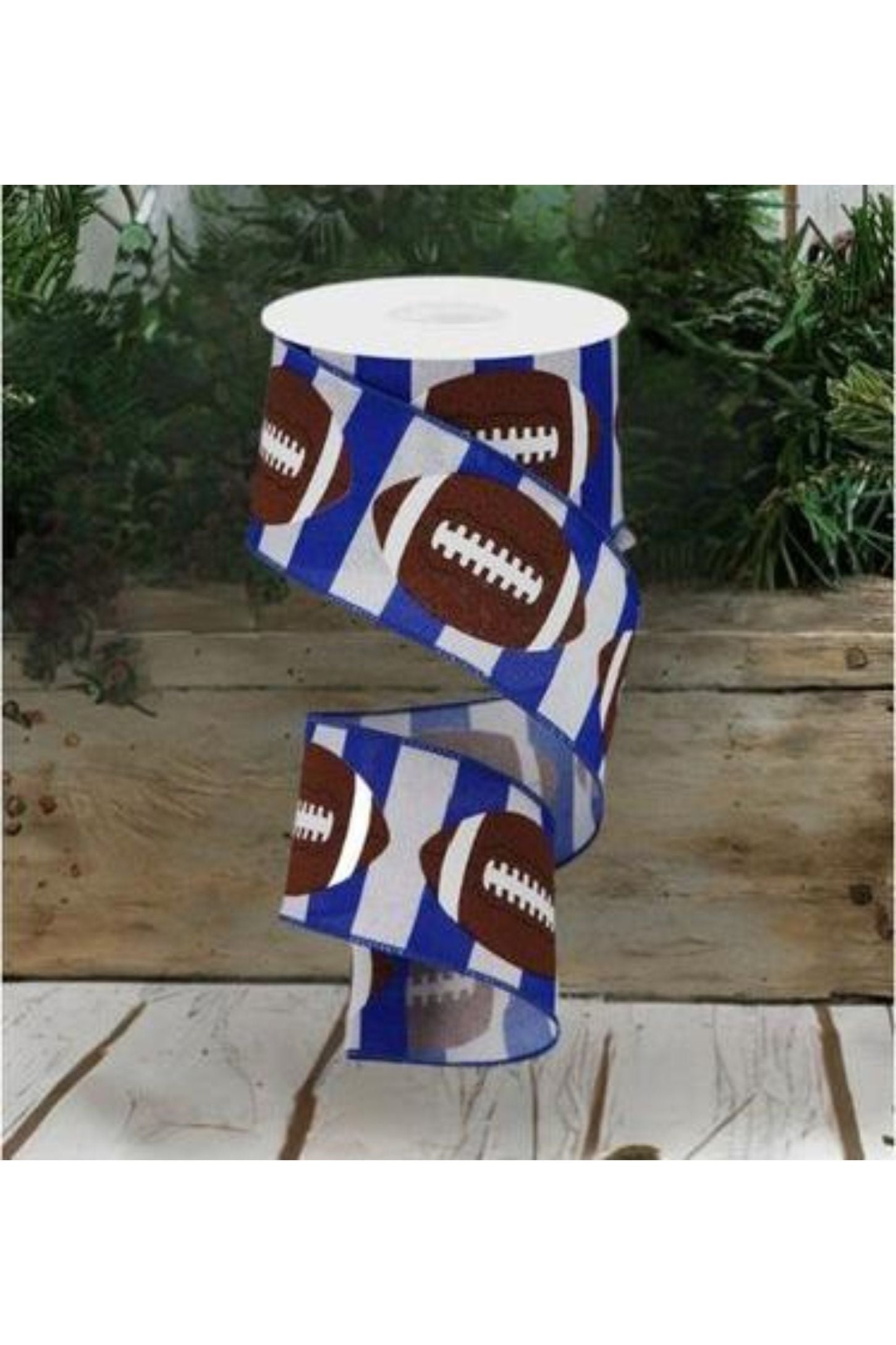 Shop For 2.5" Footballs on Royal Ribbon: Blue/White (10 Yards) at Michelle's aDOORable Creations