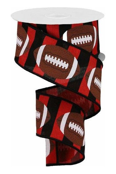 2.5" Footballs on Royal Ribbon: Red/Black (10 Yards) - Michelle's aDOORable Creations - Wired Edge Ribbon