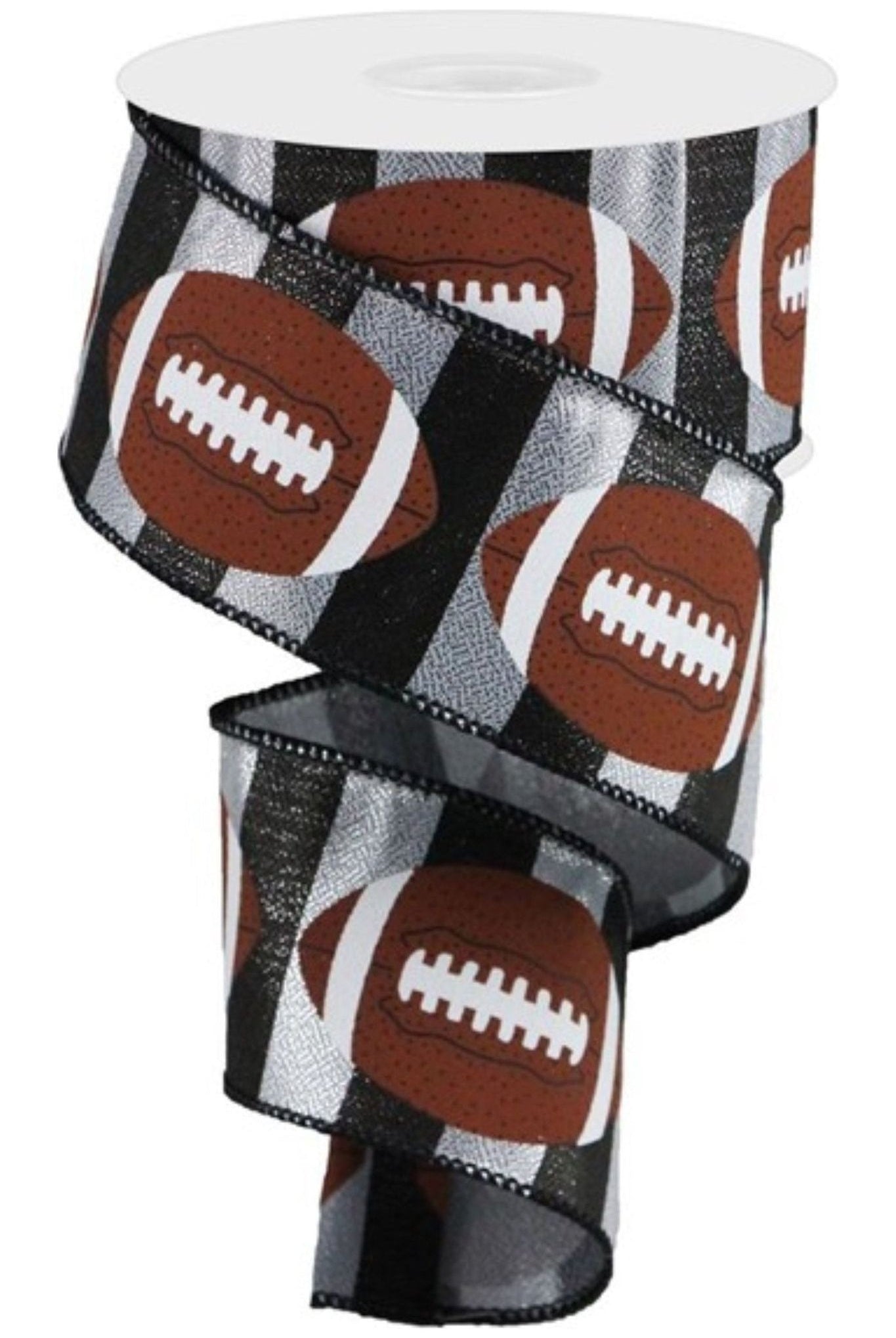 2.5" Footballs On Stripe Ribbon: Black & Silver (10 Yards) - Michelle's aDOORable Creations - Wired Edge Ribbon