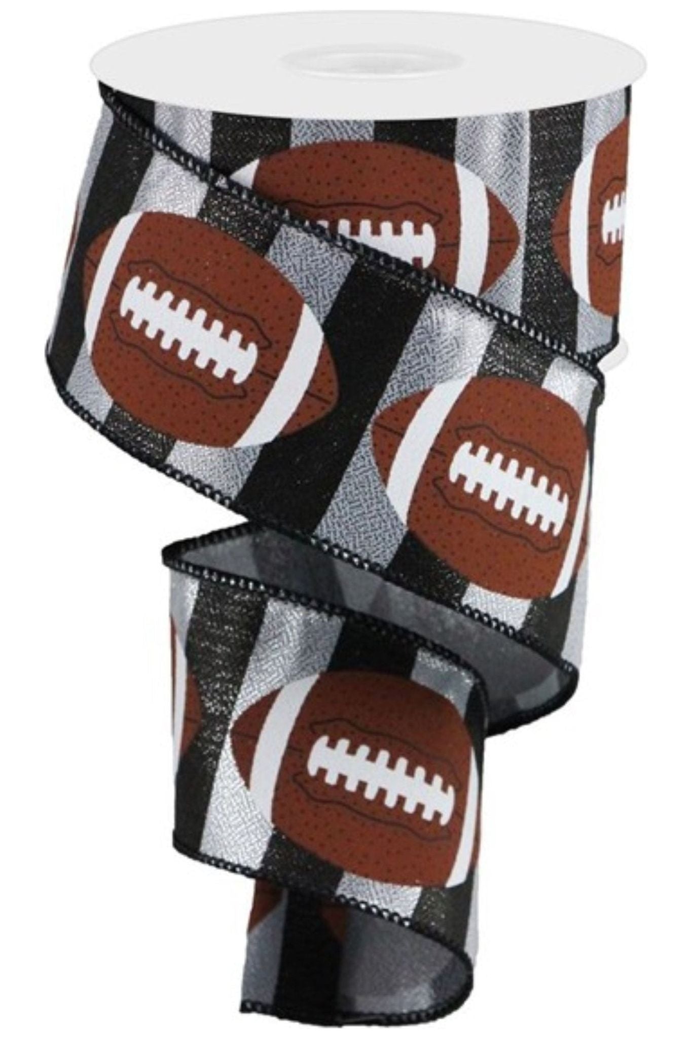 2.5" Footballs On Stripe Ribbon: Black & Silver (10 Yards) - Michelle's aDOORable Creations - Wired Edge Ribbon