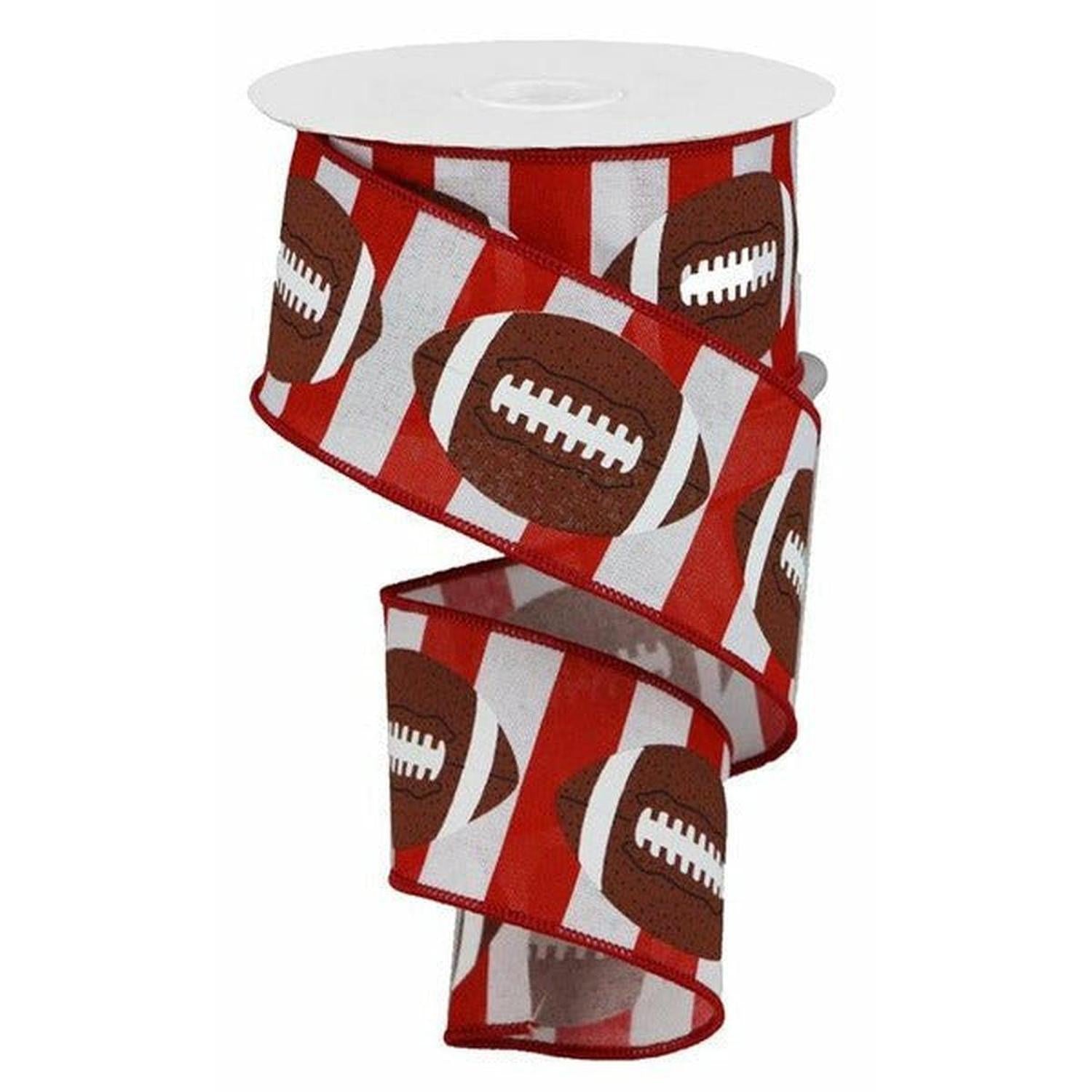 2.5" Footballs On Stripe Ribbon: Crimson & White (10 Yards)