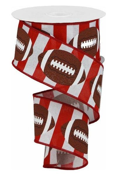 2.5" Footballs On Stripe Ribbon: Crimson & White (10 Yards) - Michelle's aDOORable Creations - Wired Edge Ribbon