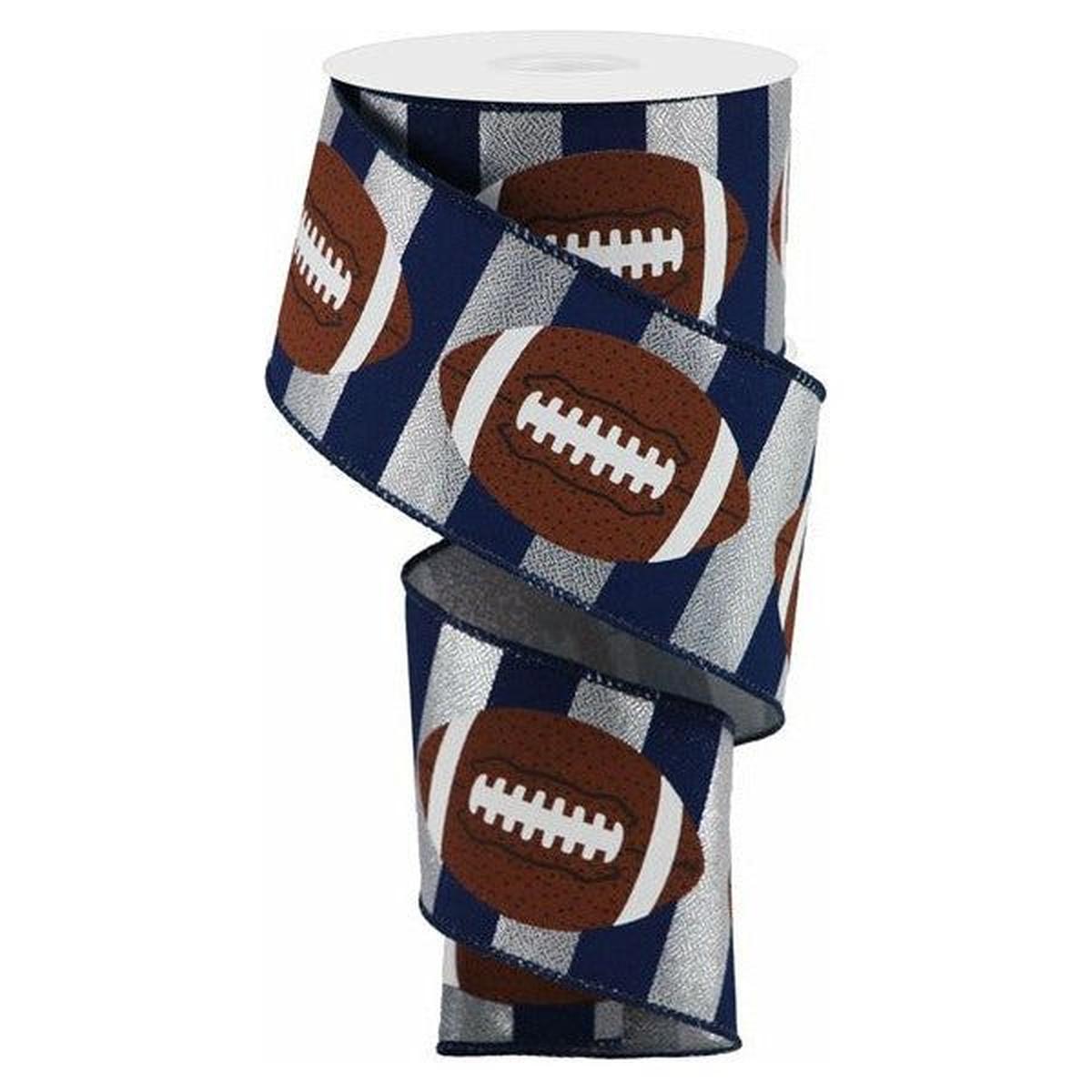 Shop For 2.5" Footballs On Stripe Ribbon: Silver & Navy (10 Yards) at Michelle's aDOORable Creations