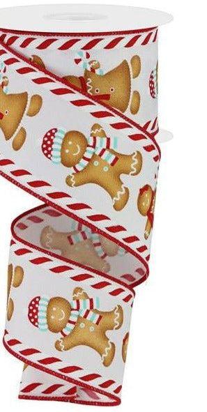 2.5" Gingerbread Boy Girl Ribbon: White/Ice Blue (10 Yards) - Michelle's aDOORable Creations - Wired Edge Ribbon