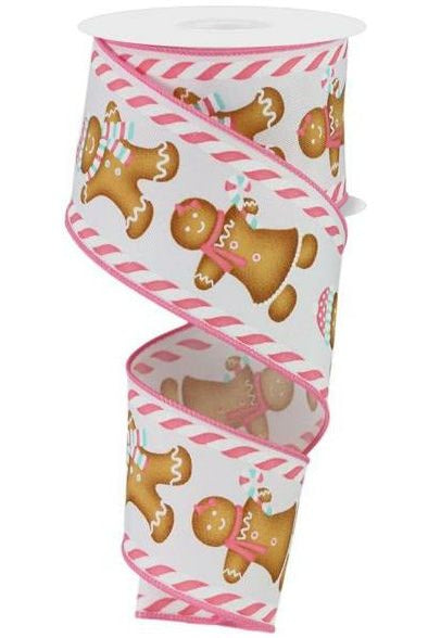 2.5" Gingerbread Boy Girl Ribbon: White/Pink (10 Yards) - Michelle's aDOORable Creations - Wired Edge Ribbon