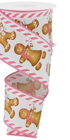 2.5" Gingerbread Boy Girl Ribbon: White/Pink (10 Yards) - Michelle's aDOORable Creations - Wired Edge Ribbon