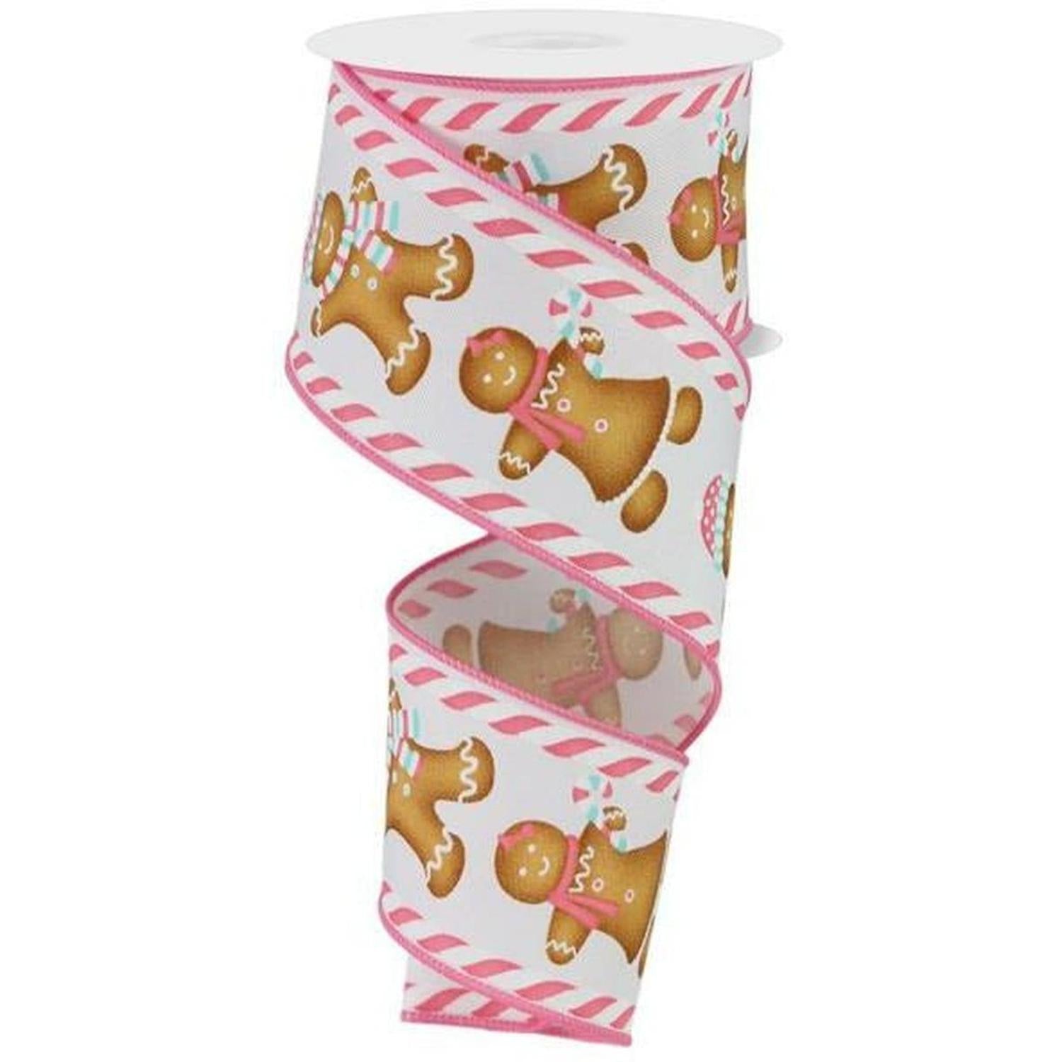 2.5" Gingerbread Boy Girl Ribbon: White/Pink (10 Yards)