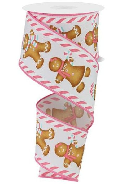 2.5" Gingerbread Boy Girl Ribbon: White/Pink (10 Yards) - Michelle's aDOORable Creations - Wired Edge Ribbon