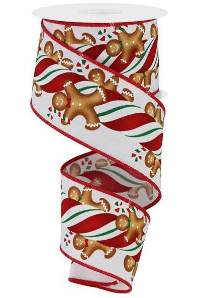 2.5" Gingerbread Kids Candy Ribbon: White (10 Yards) - Michelle's aDOORable Creations - Wired Edge Ribbon