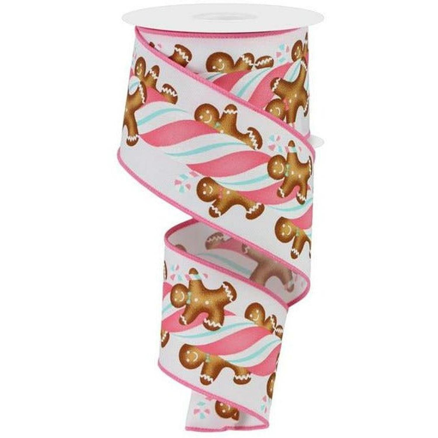 2.5" Gingerbread Kids Candy Ribbon: White/Pink (10 Yards)