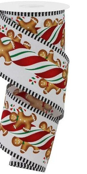 2.5" Gingerbread Kids Stripe Ribbon: White/Red (10 Yards) - Michelle's aDOORable Creations - Wired Edge Ribbon