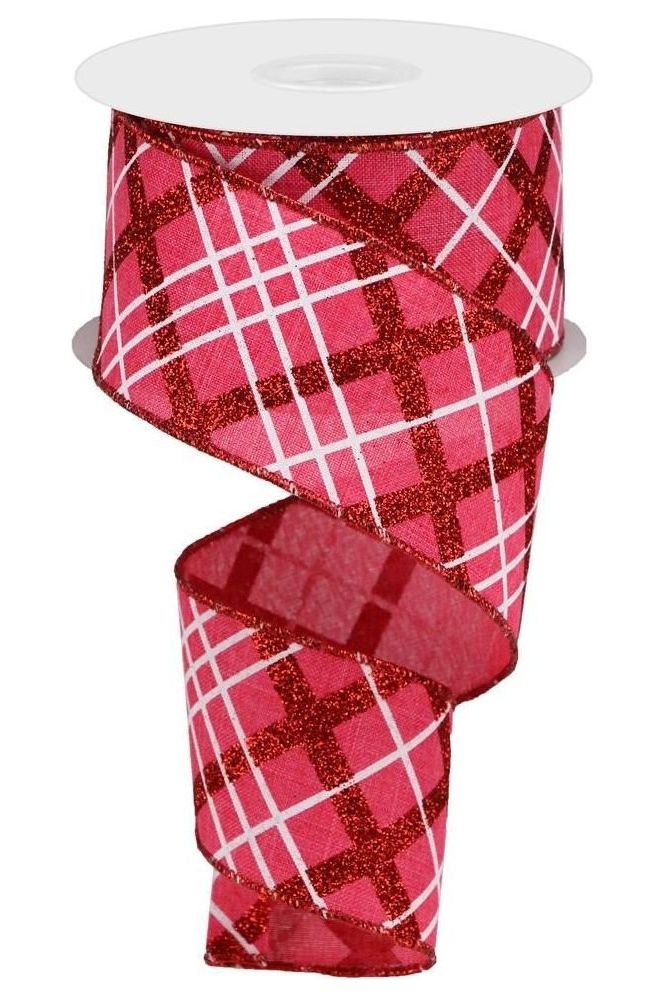 2.5" Glitter Diagonal Plaid: Hot Pink/Red (10 Yard) - Michelle's aDOORable Creations - Wired Edge Ribbon
