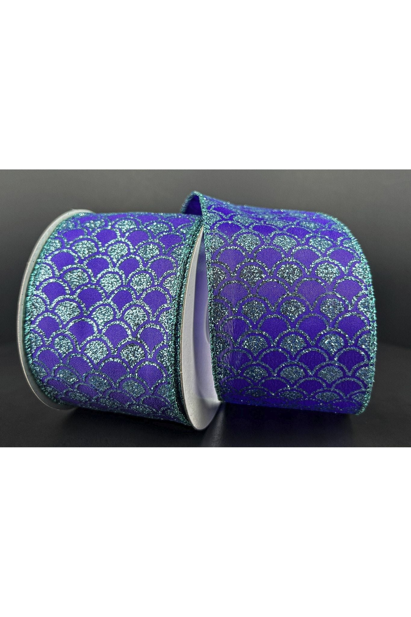 2.5" Glitter Fish Scales Ribbon: Purple/Aqua (10 Yards) - Michelle's aDOORable Creations - Wired Edge Ribbon