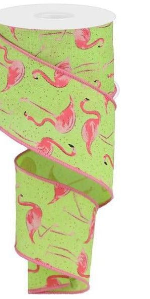 2.5" Glitter Flamingo Ribbon: Lime Green (10 Yards) - Michelle's aDOORable Creations - Wired Edge Ribbon