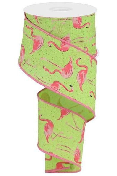 2.5" Glitter Flamingo Ribbon: Lime Green (10 Yards) - Michelle's aDOORable Creations - Wired Edge Ribbon