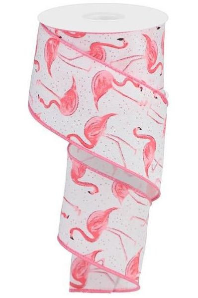 2.5" Glitter Flamingo Ribbon: White (10 Yards) - Michelle's aDOORable Creations - Wired Edge Ribbon