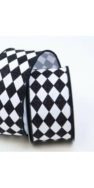 2.5" Glitter Jester Diamond Ribbon: Black & White (10 Yards) - Michelle's aDOORable Creations - Wired Edge Ribbon