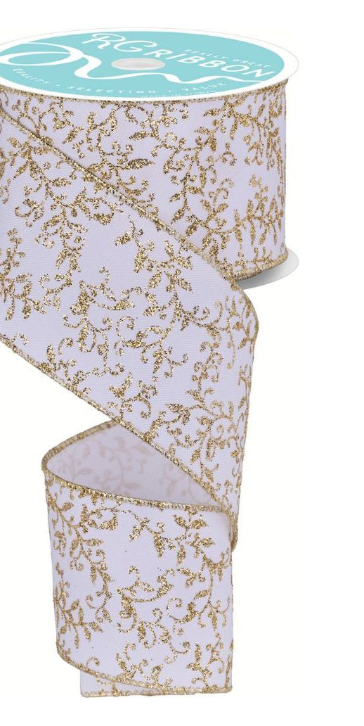 2.5" Glitter Mini Leaf Vines Ribbon: Gold/White (10 Yards) - Michelle's aDOORable Creations - Wired Edge Ribbon