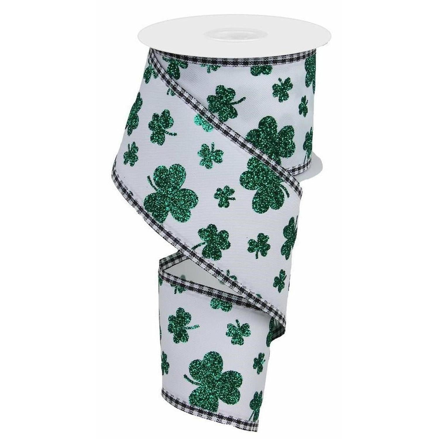 Shop For 2.5" Glitter Shamrocks Gingham Ribbon: White (10 Yards) at Michelle's aDOORable Creations