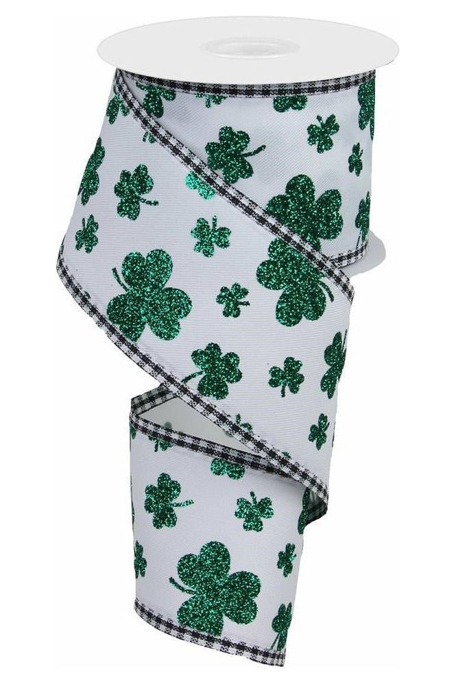 Shop For 2.5" Glitter Shamrocks Gingham Ribbon: White (10 Yards) at Michelle's aDOORable Creations