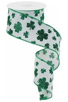2.5" Glitter Shamrocks Ribbon: White (10 Yards) - Michelle's aDOORable Creations - Wired Edge Ribbon