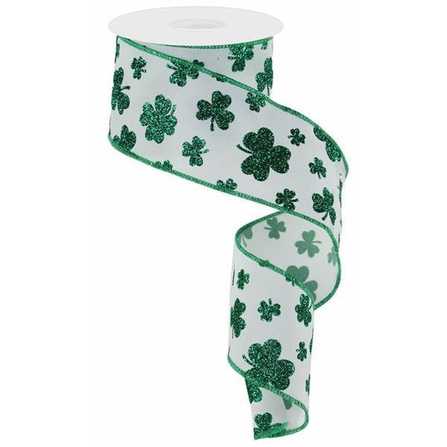 Shop For 2.5" Glitter Shamrocks Ribbon: White (10 Yards) at Michelle's aDOORable Creations