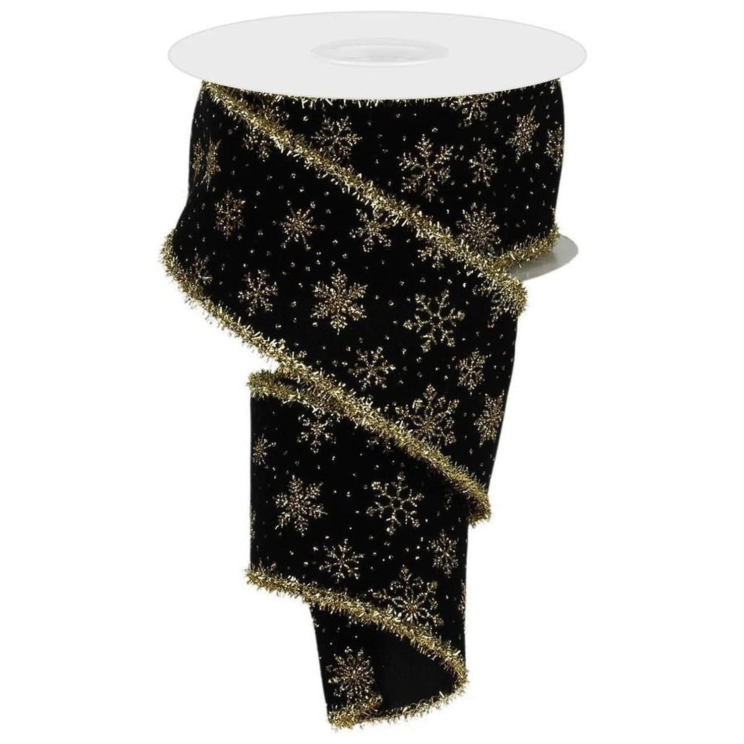 2.5" Glitter Snowflakes Tinsel Ribbon: Gold/Black (10 Yards)