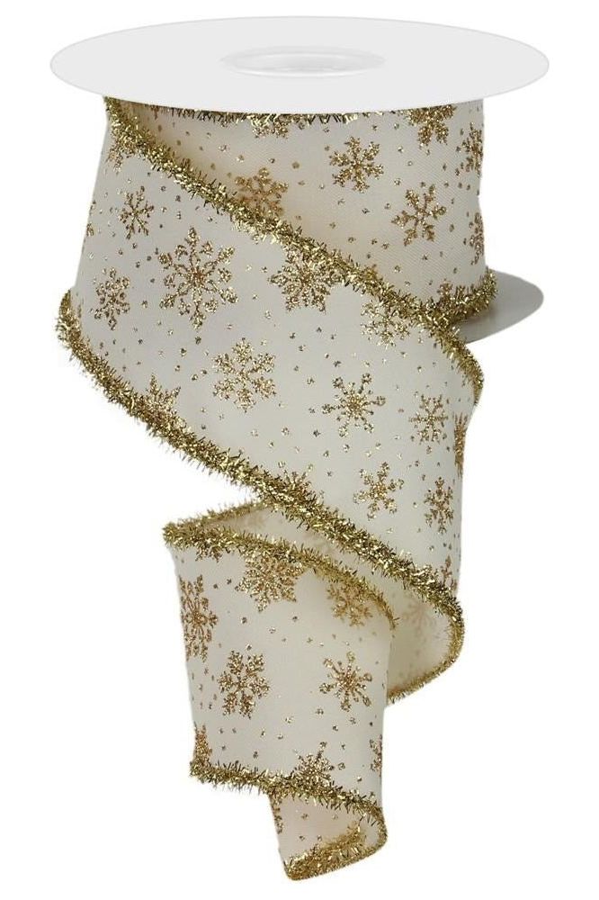 2.5" Glitter Snowflakes Tinsel Ribbon: Gold/Ivory (10 Yards) - Michelle's aDOORable Creations - Wired Edge Ribbon