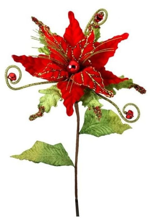 25” Glitter Velvet Curly Jingle Bell Poinsettia Stem - Michelle's aDOORable Creations - Poinsettia