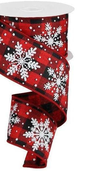2.5" Glittered Snowflakes Ribbon: Buffalo Plaid (10 Yards) - Michelle's aDOORable Creations - Wired Edge Ribbon