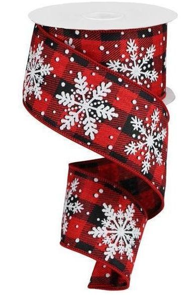 2.5" Glittered Snowflakes Ribbon: Buffalo Plaid (10 Yards) - Michelle's aDOORable Creations - Wired Edge Ribbon
