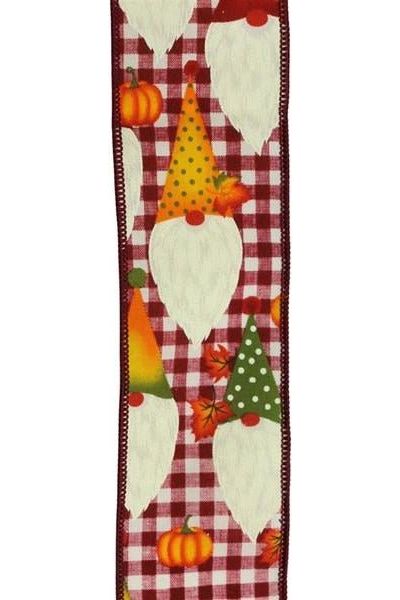 2.5" Gnome Pumpkin Check Ribbon: Cream/Burgundy (10 Yards) - Michelle's aDOORable Creations - Wired Edge Ribbon