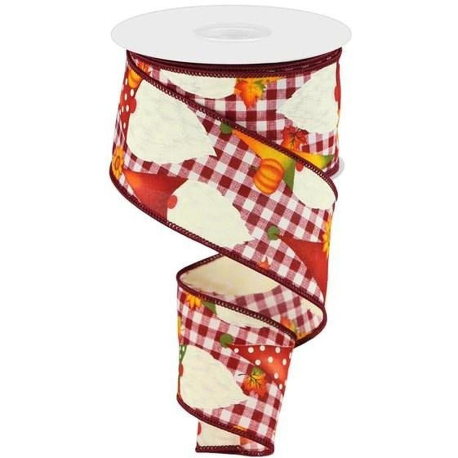2.5" Gnome Pumpkin Check Ribbon: Cream/Burgundy (10 Yards)