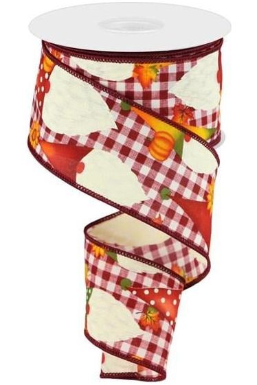 2.5" Gnome Pumpkin Check Ribbon: Cream/Burgundy (10 Yards) - Michelle's aDOORable Creations - Wired Edge Ribbon