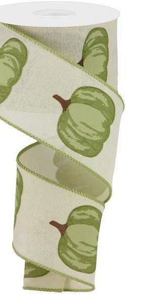 2.5" Green Pumpkin Ribbon: Cream (10 Yards) - Michelle's aDOORable Creations - Wired Edge Ribbon