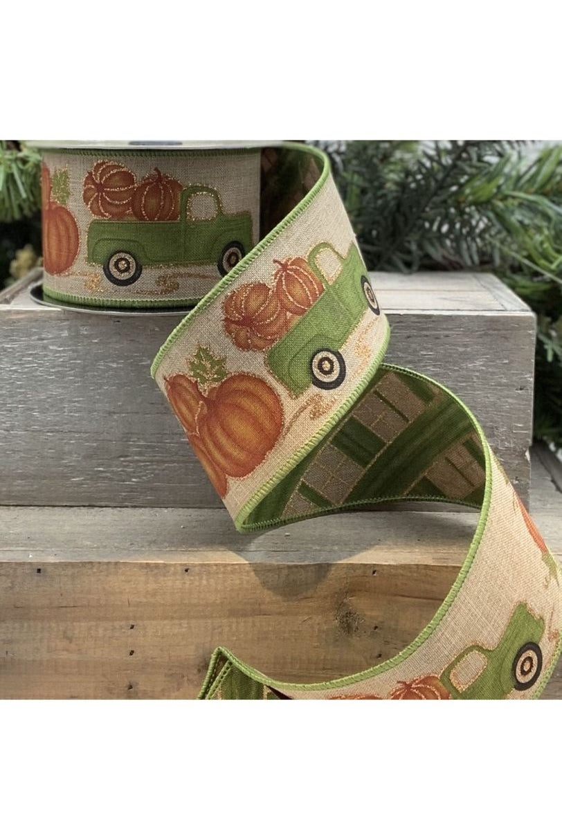 Shop For 2.5" Green Truck with Pumpkins Faux Linen Ribbon (10 Yards) 09-3269