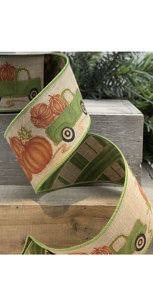 2.5" Green Truck with Pumpkins Faux Linen Ribbon (10 Yards) - Michelle's aDOORable Creations - Wired Edge Ribbon