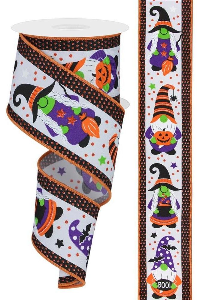 2.5" Halloween Gnome Polka Dot Ribbon: White (10 Yards) - Michelle's aDOORable Creations - Wired Edge Ribbon