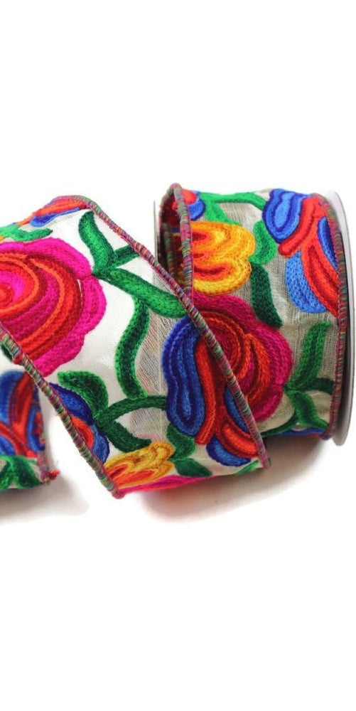 2.5" Hand Embroidered Folk Art Floral Ribbon (10 Yards) - Michelle's aDOORable Creations - Wired Edge Ribbon