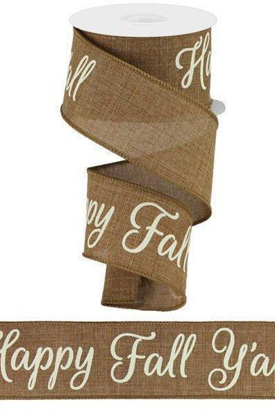 2.5" Happy Fall Yall Ribbon: Tan (10 Yards) - Michelle's aDOORable Creations - Wired Edge Ribbon