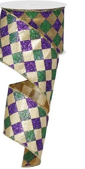 2.5" Harlequin Glitter Diamond Ribbon: Mardi Gras (10 Yards) - Michelle's aDOORable Creations - Wired Edge Ribbon