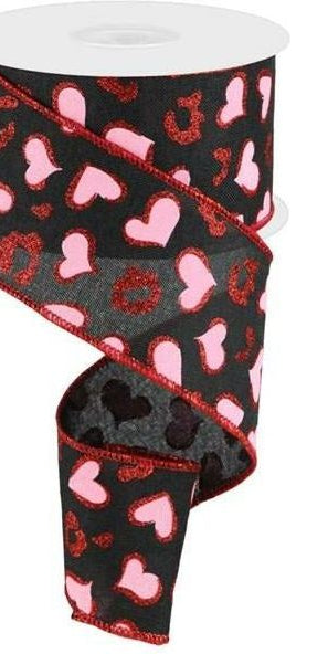 2.5" Heart Leopard Spots Ribbon: Black (10 Yards) - Michelle's aDOORable Creations - Wired Edge Ribbon