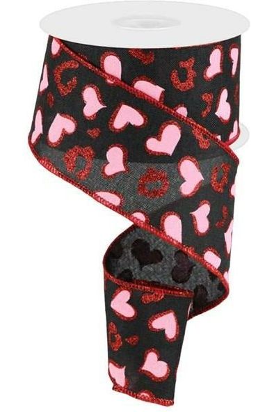 2.5" Heart Leopard Spots Ribbon: Black (10 Yards) - Michelle's aDOORable Creations - Wired Edge Ribbon